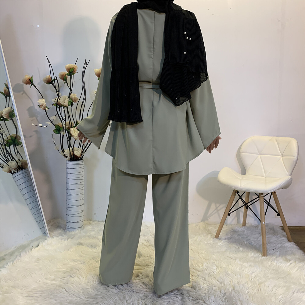 Muslim Long Sleeve Top Pant 2pcs Set Abaya Women Kaftan Dress Islamic Clothing