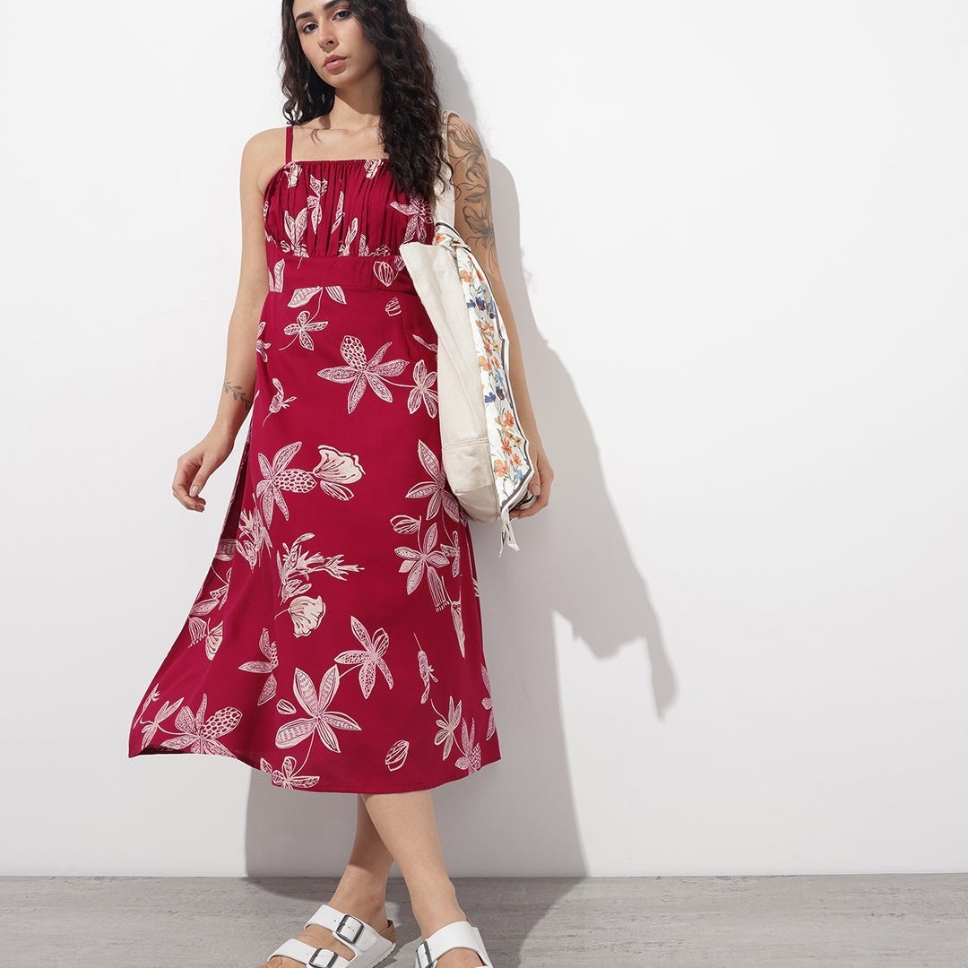 Plus Size Maroon Shoulder Straps Fit & Flared Rayon Dress for Women | Flowy Midi