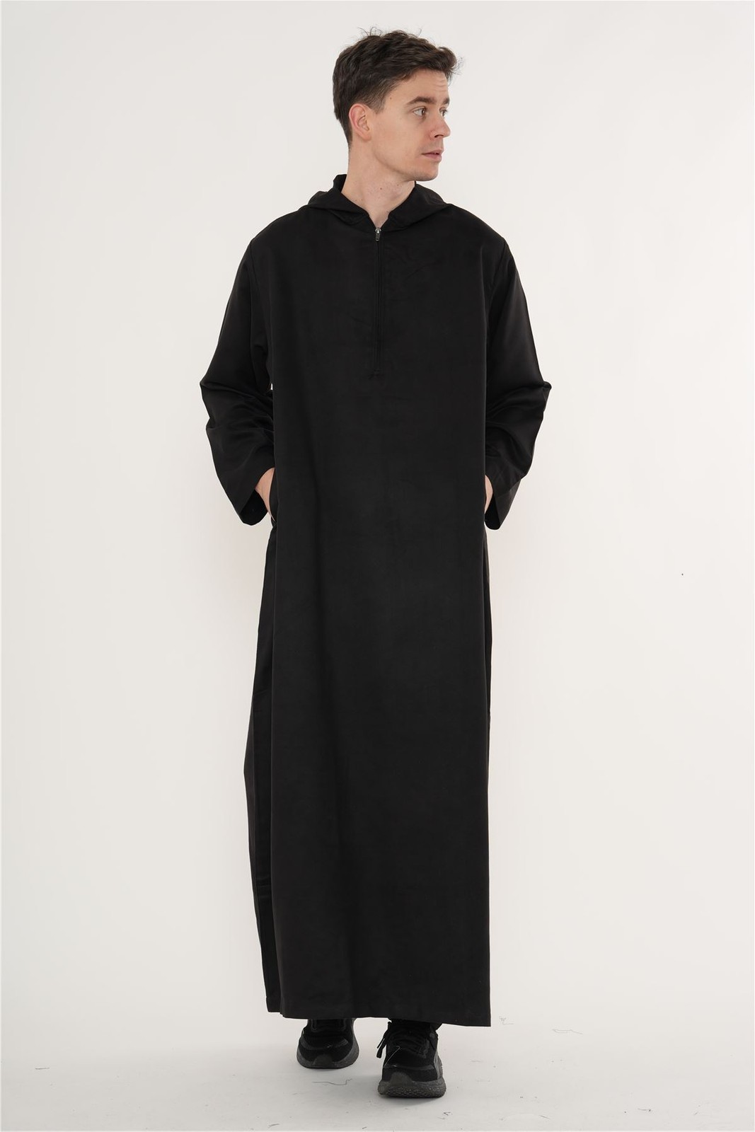 Men’s Black Hooded Suede Thobe Emirati Omani Zip Jubba Islamic Clothing Eid