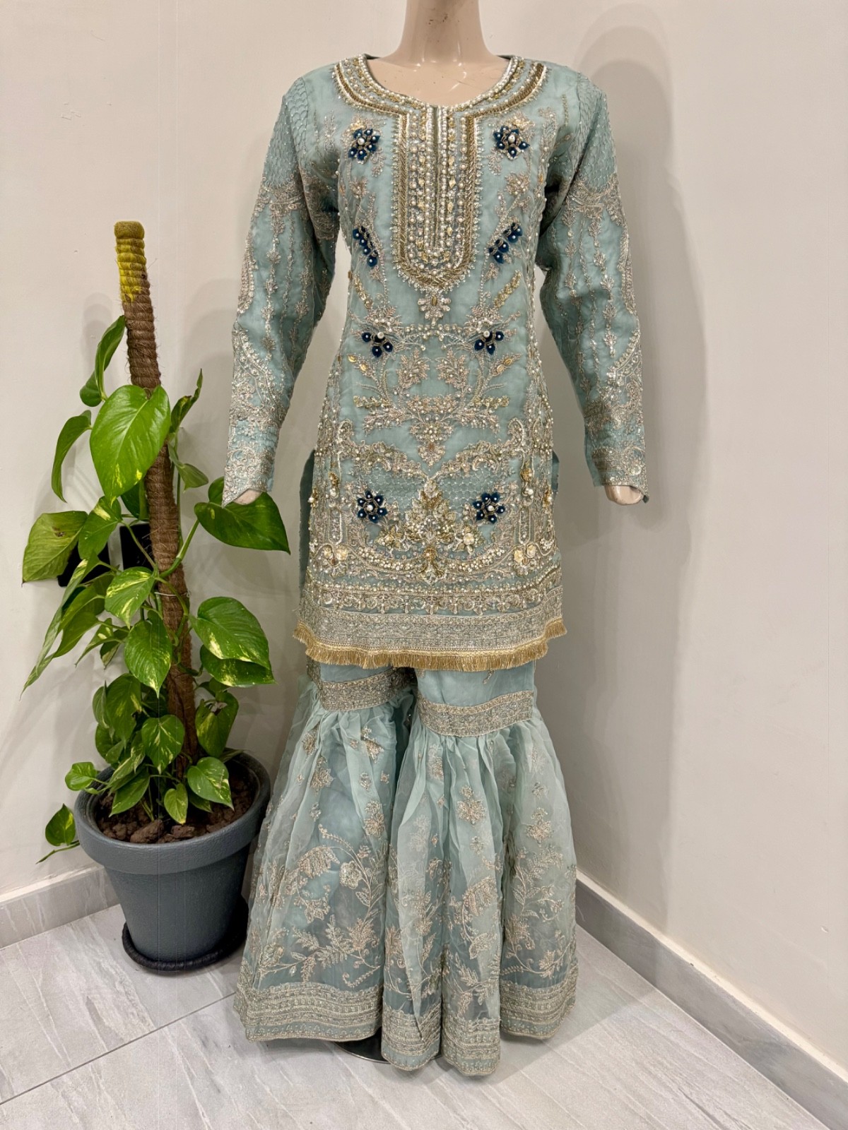 Pakistani Light Blue Straight Style Embroidered Sequins Organza Gharara Dress ,L