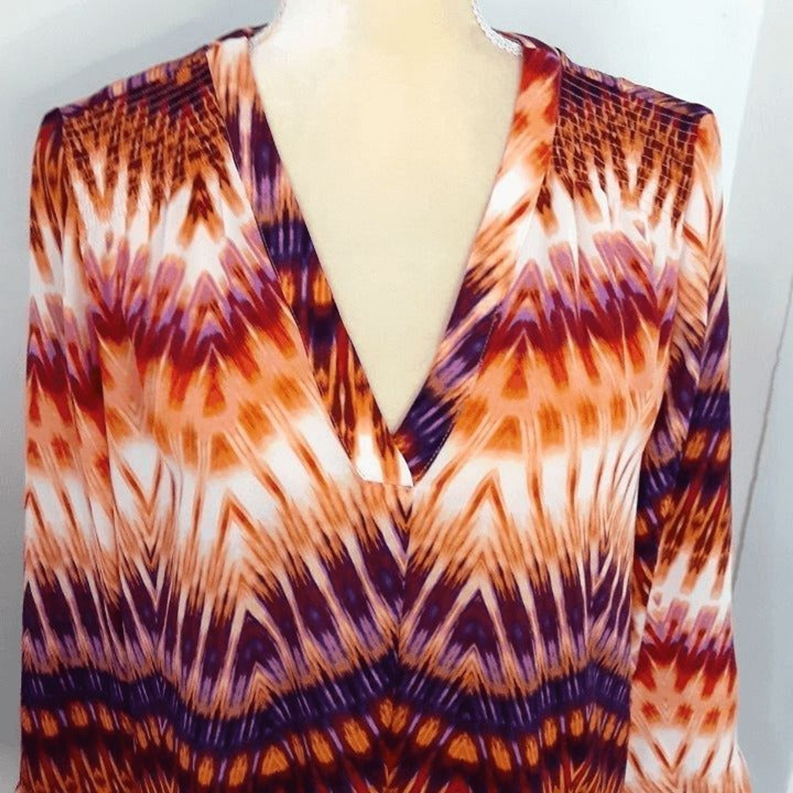 Boho batik a.n.a. pullover blouse L peach purple 3/4 sleeves 100% polyester