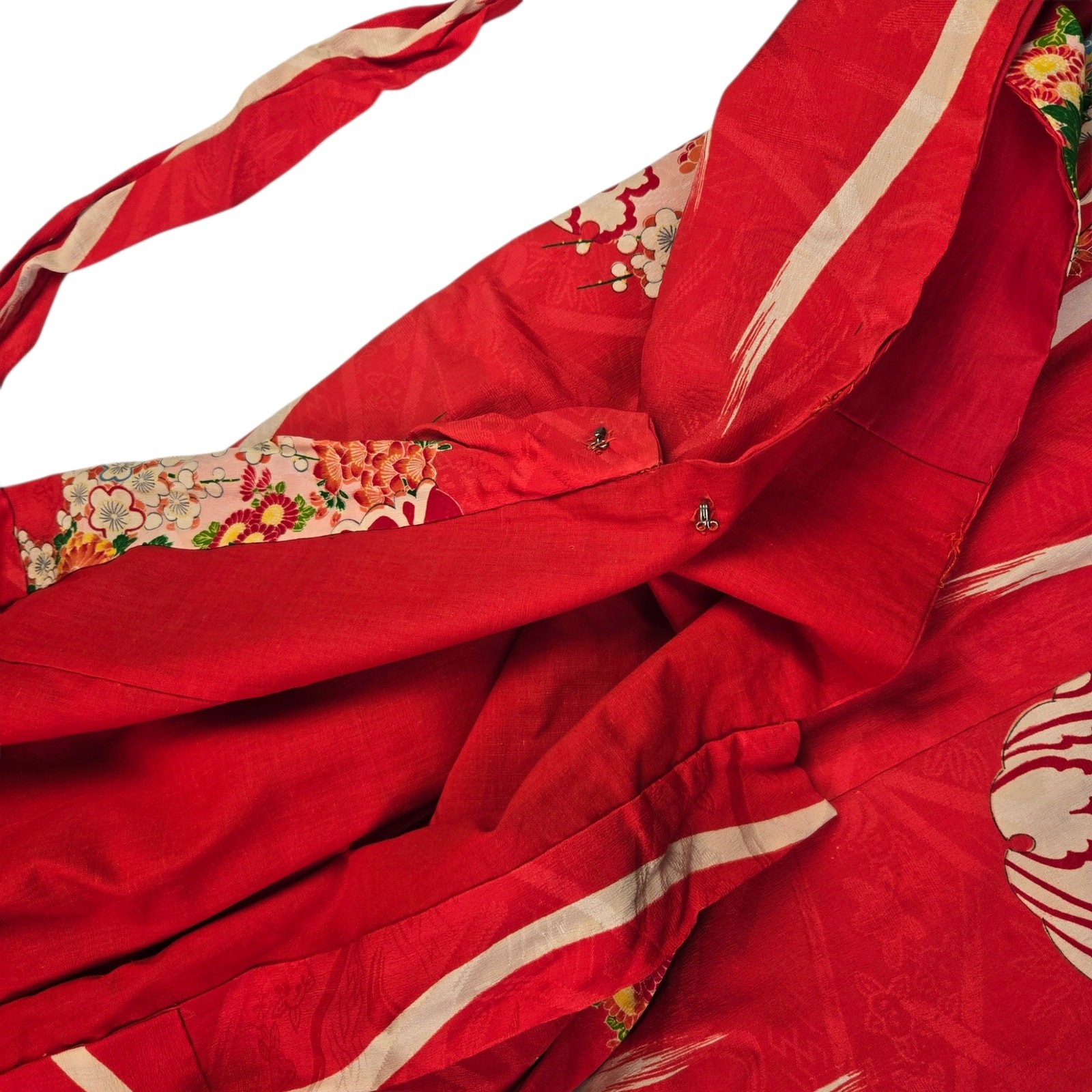 Vintage Kimono Handmade Red Printed Cotton Lined Asian Floral