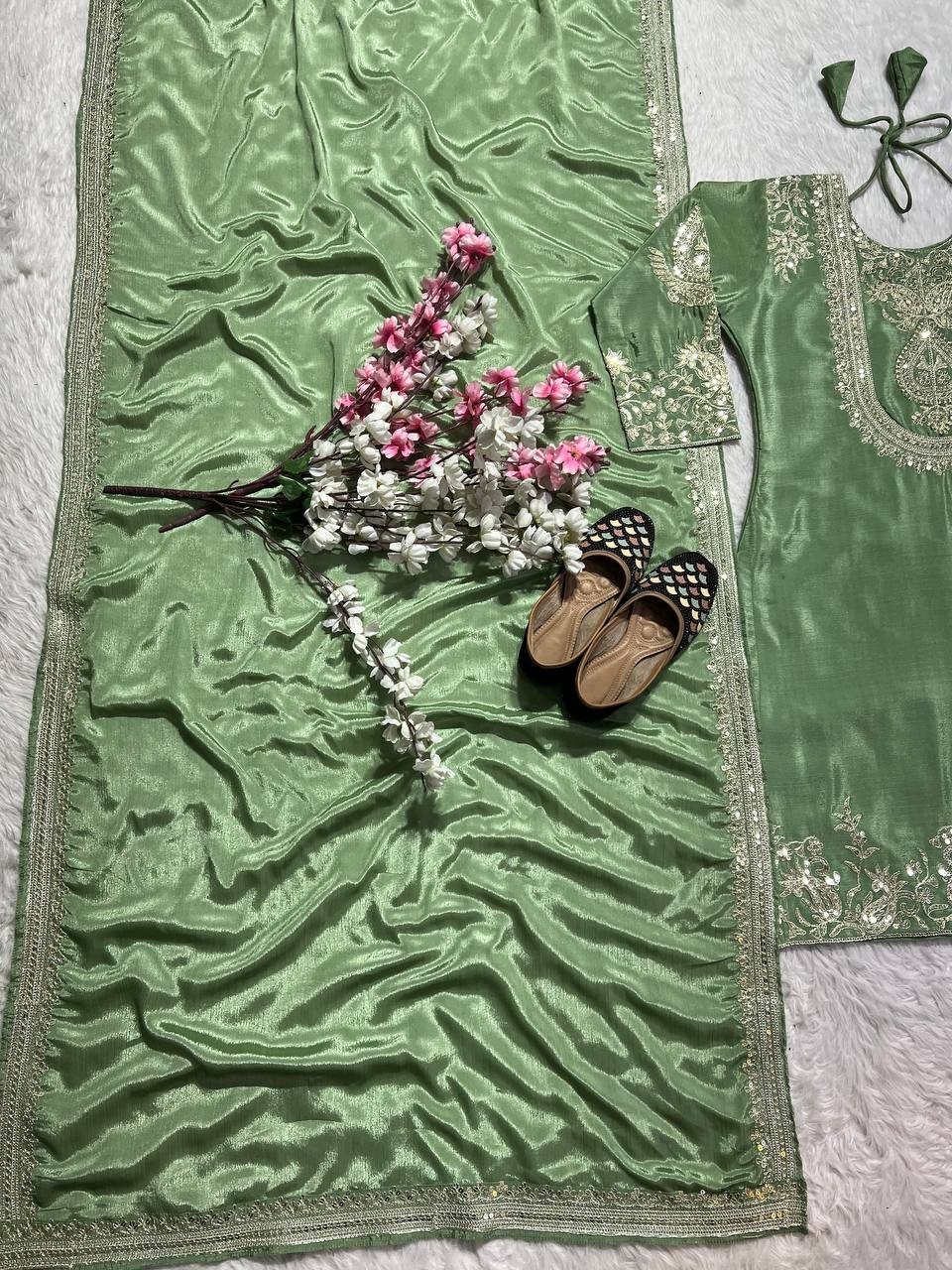 Heavy Chinon Silk Sage Green Salwar Kameez With Dupatta For Wedding Wear