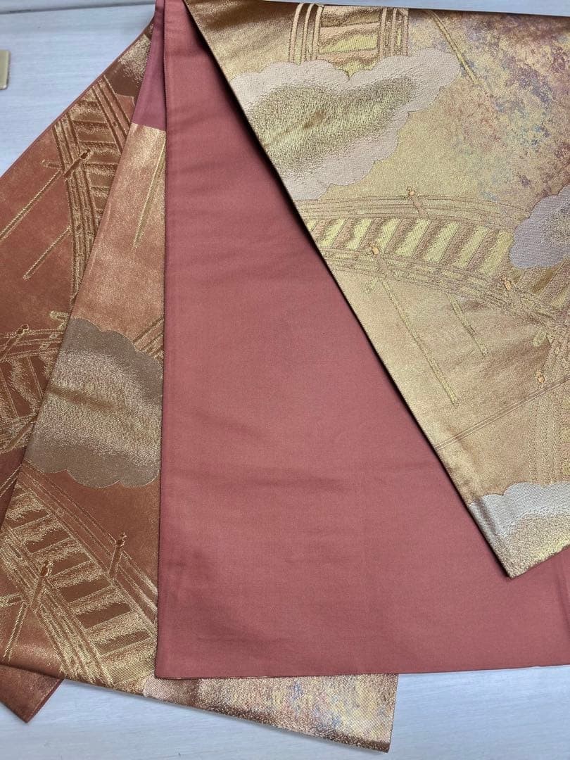Japanese Silk Fukuro Obi Brown Gold Bridge Landscape 445cm Kimono Sash
