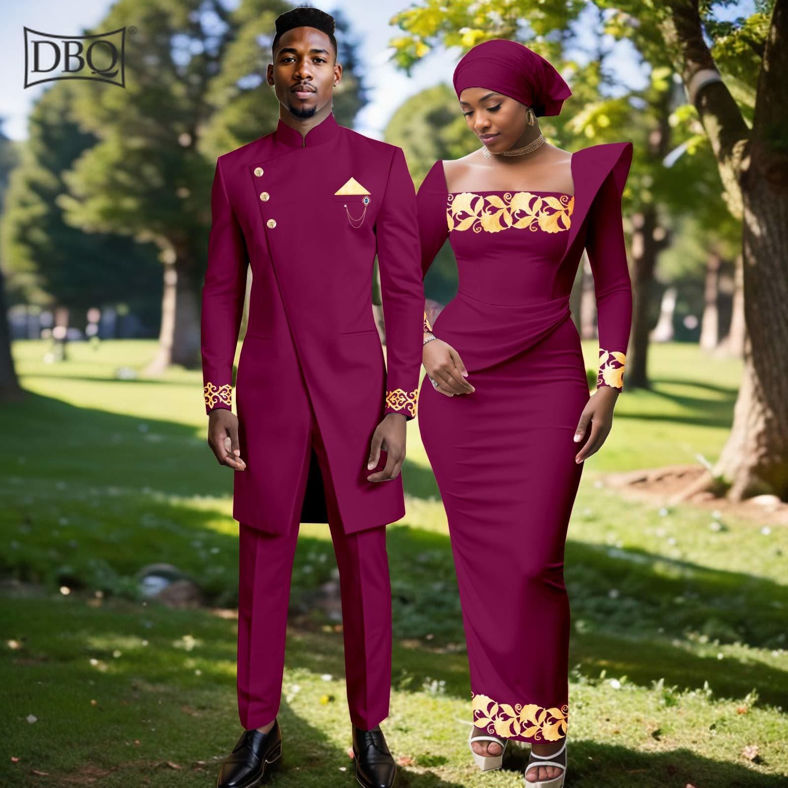 African Clothes for Couple Men`s Blazer Suit and Women`s Maxi Dress + Headscarf