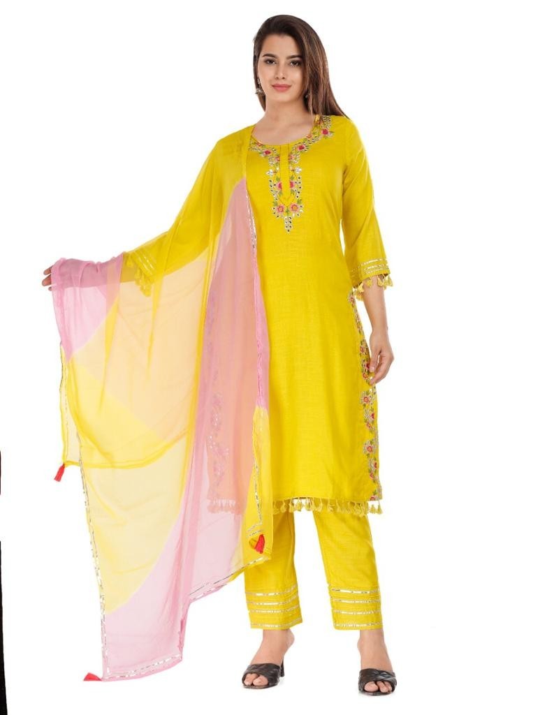 Women’s Heavy Rayon Slub Kurti Pant Set with Gota Patti Work & Dupatta