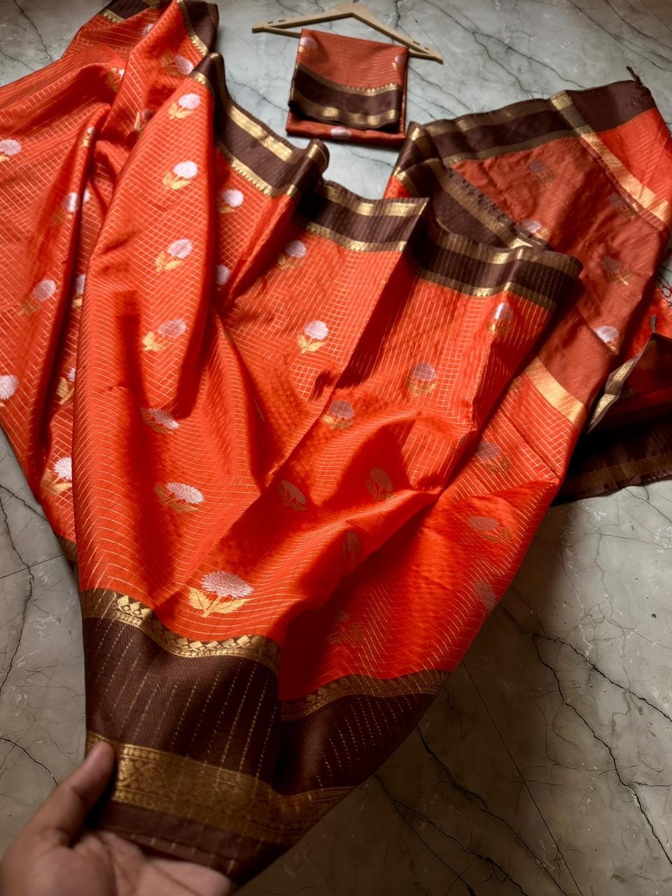 Trending Rust Orange Banarasi Soft Silk Saree with Gold Zari Checks & Blouse