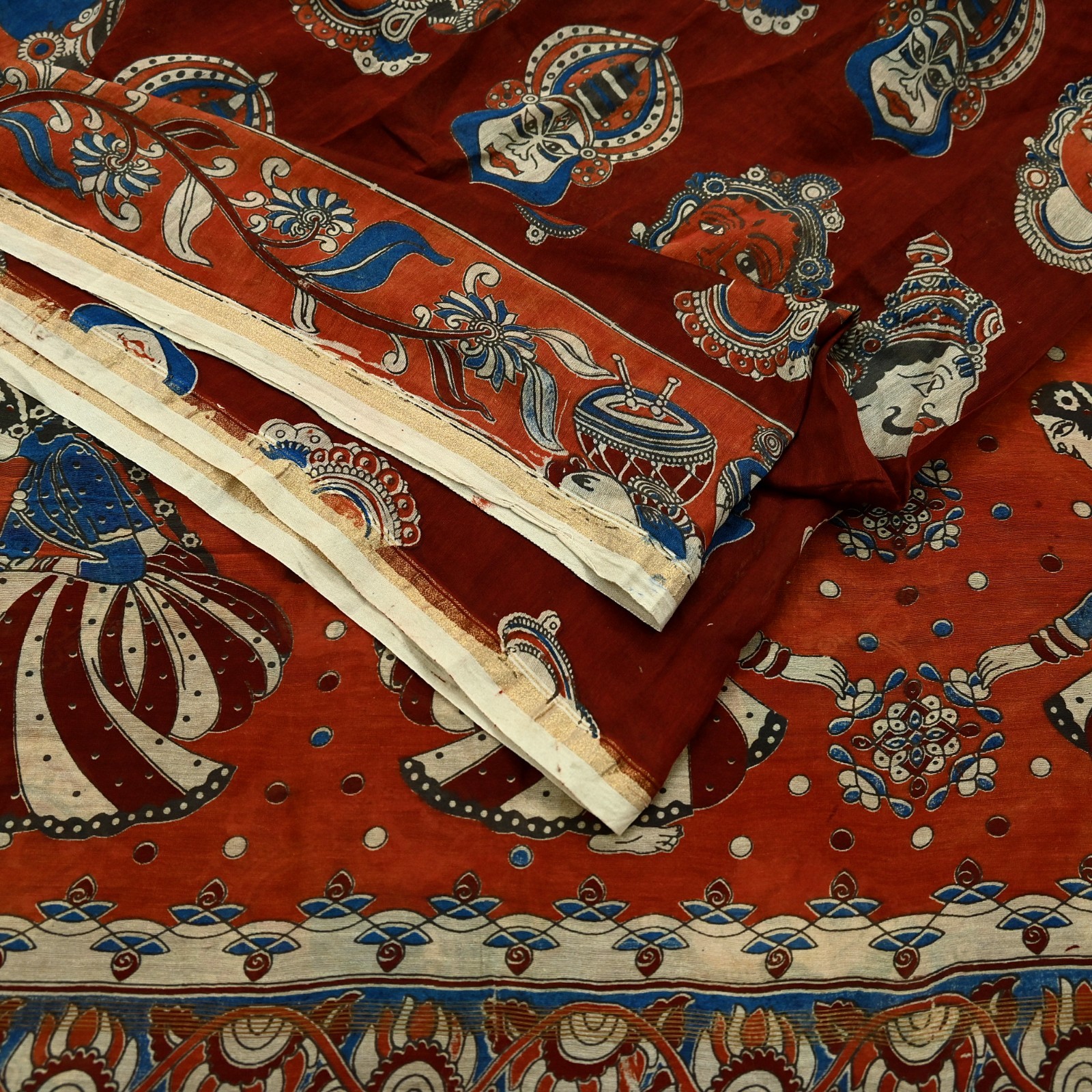 Indian Vintage Sari Pure chanderi Silk Kalamkari Print Sarees Fabric 5Yards Zari