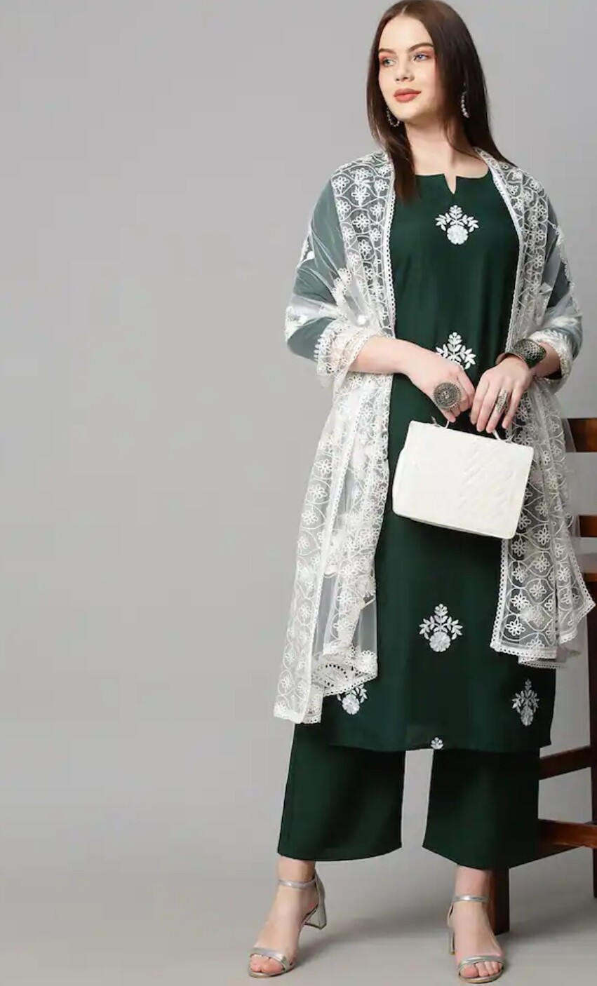 Indian Wear ; Ethnic Motifs embroidered thread work Kurta Palazzo and dupatta