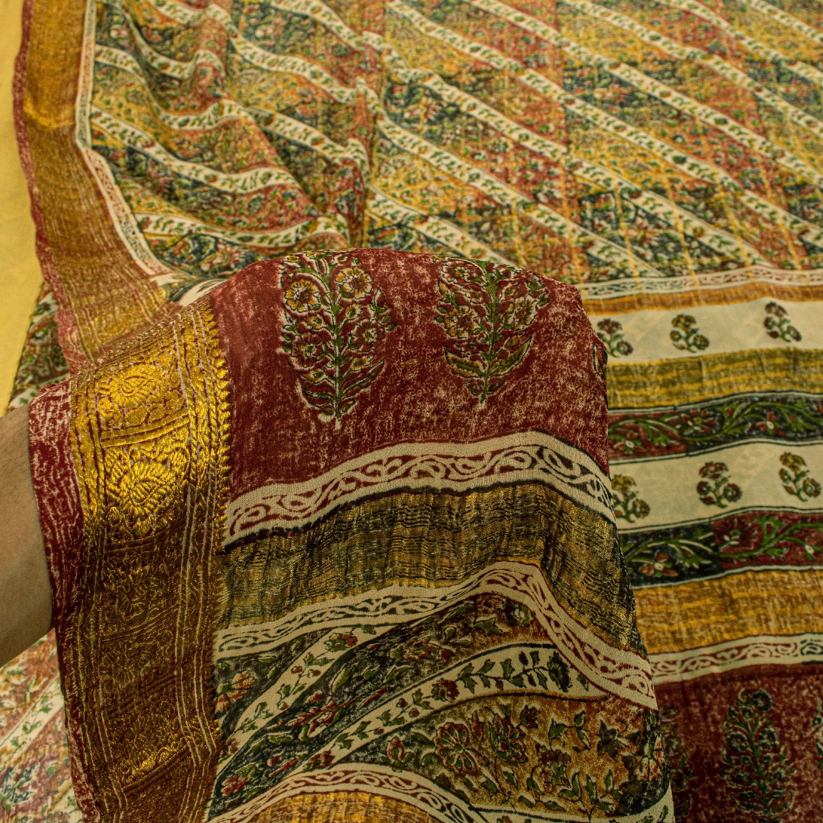 Sanskriti Vintage Yellow-Green Pure Georgette Silk Saree Floral Block Print 6 Yd