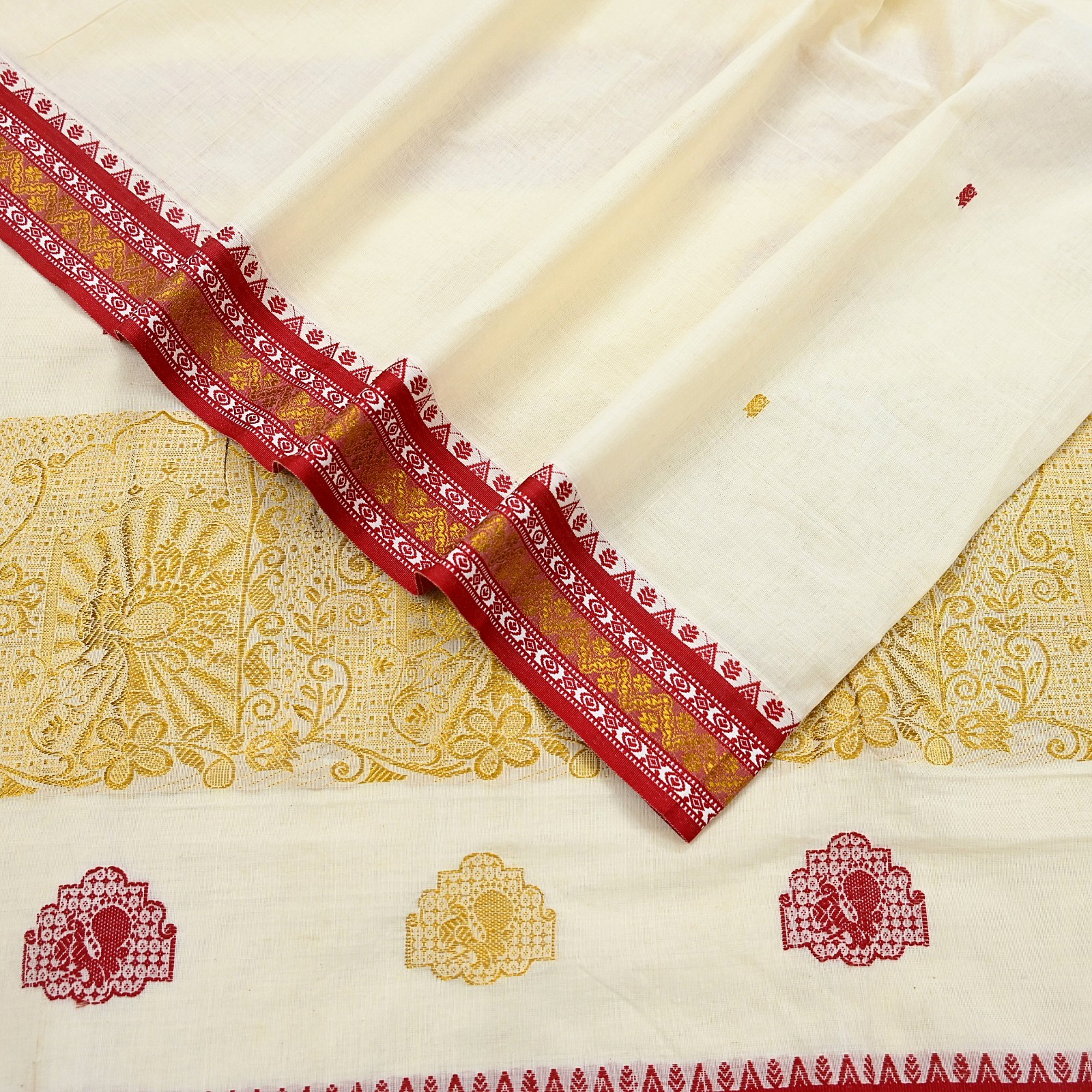 Vintage Bengali Traditional Saree Off White Handwoven Sari Red & Golden Border