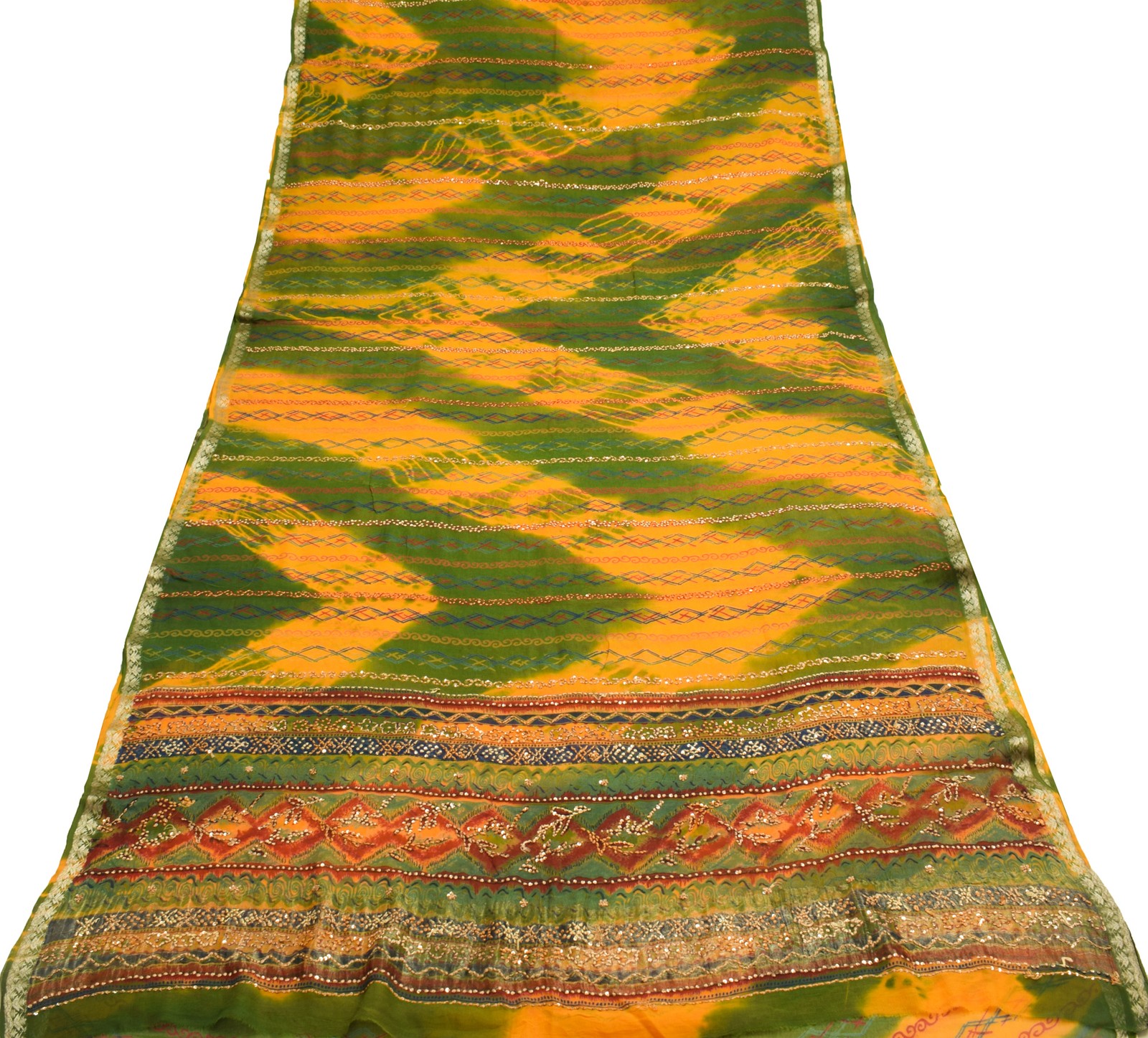 Sushila Vintage Green Saree 100% Pure Chiffon Silk Hand Beaded Sari Dress Fabric