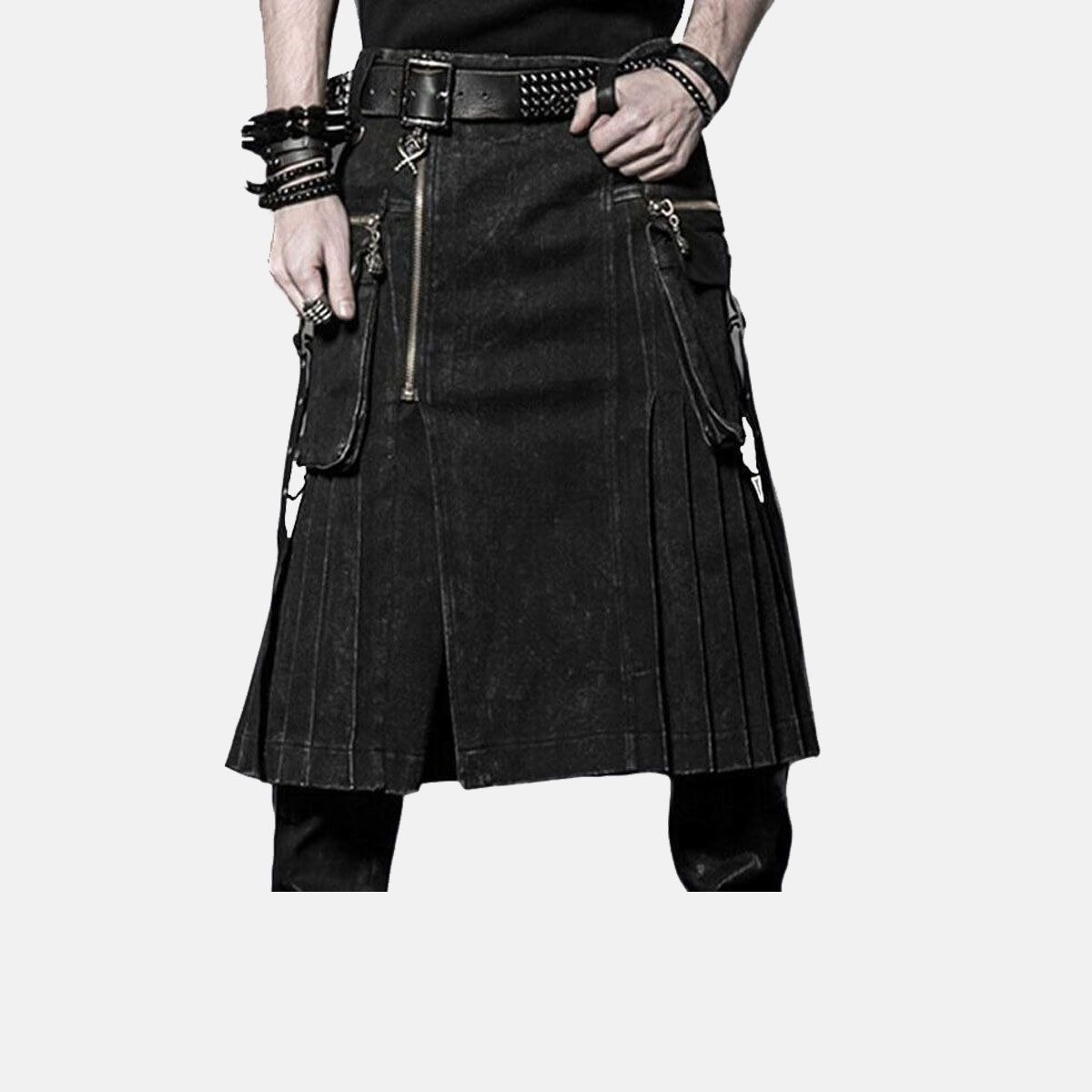 Black Denim Utility Kilt Men Gothic Punk Rave Heavy Duty Cargo Pockets Kilt