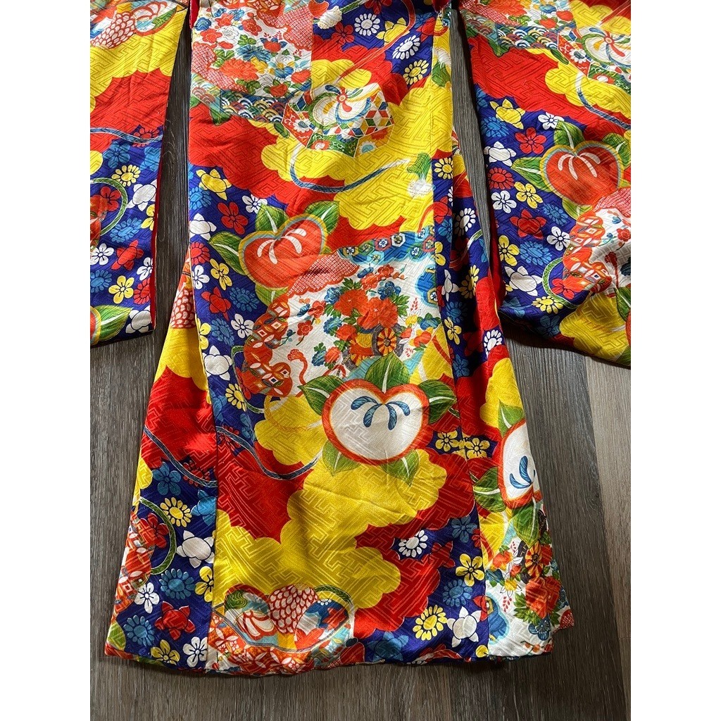 Vintage 70s Handmade Kimono Robe Japanese Childrens Multicolor Floral Fruit