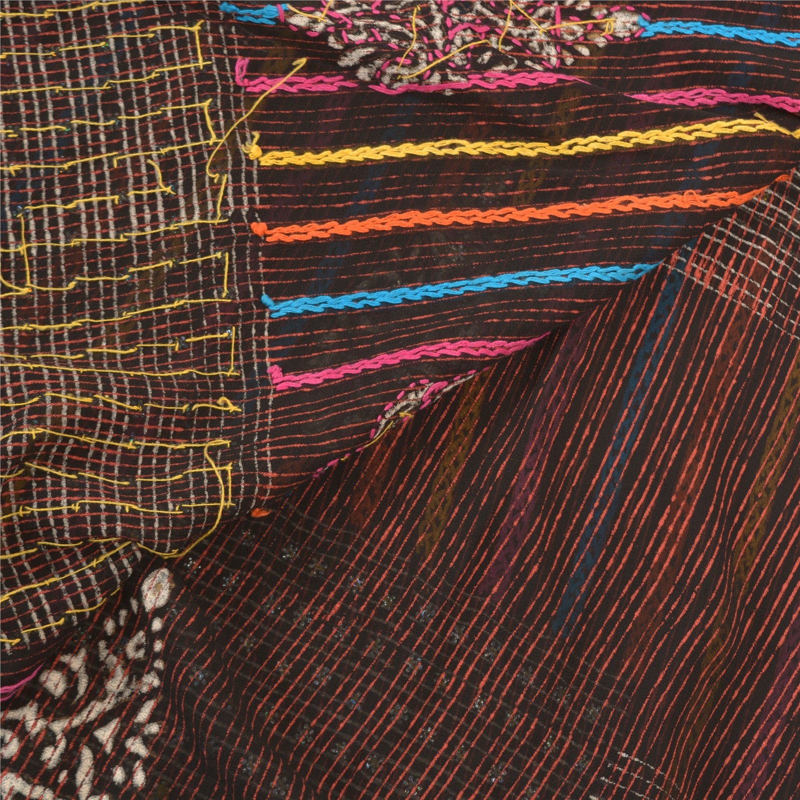 Sanskriti Vintage Sarees Blend Georgette Hand Beaded Cultural Craft Sari Fabric