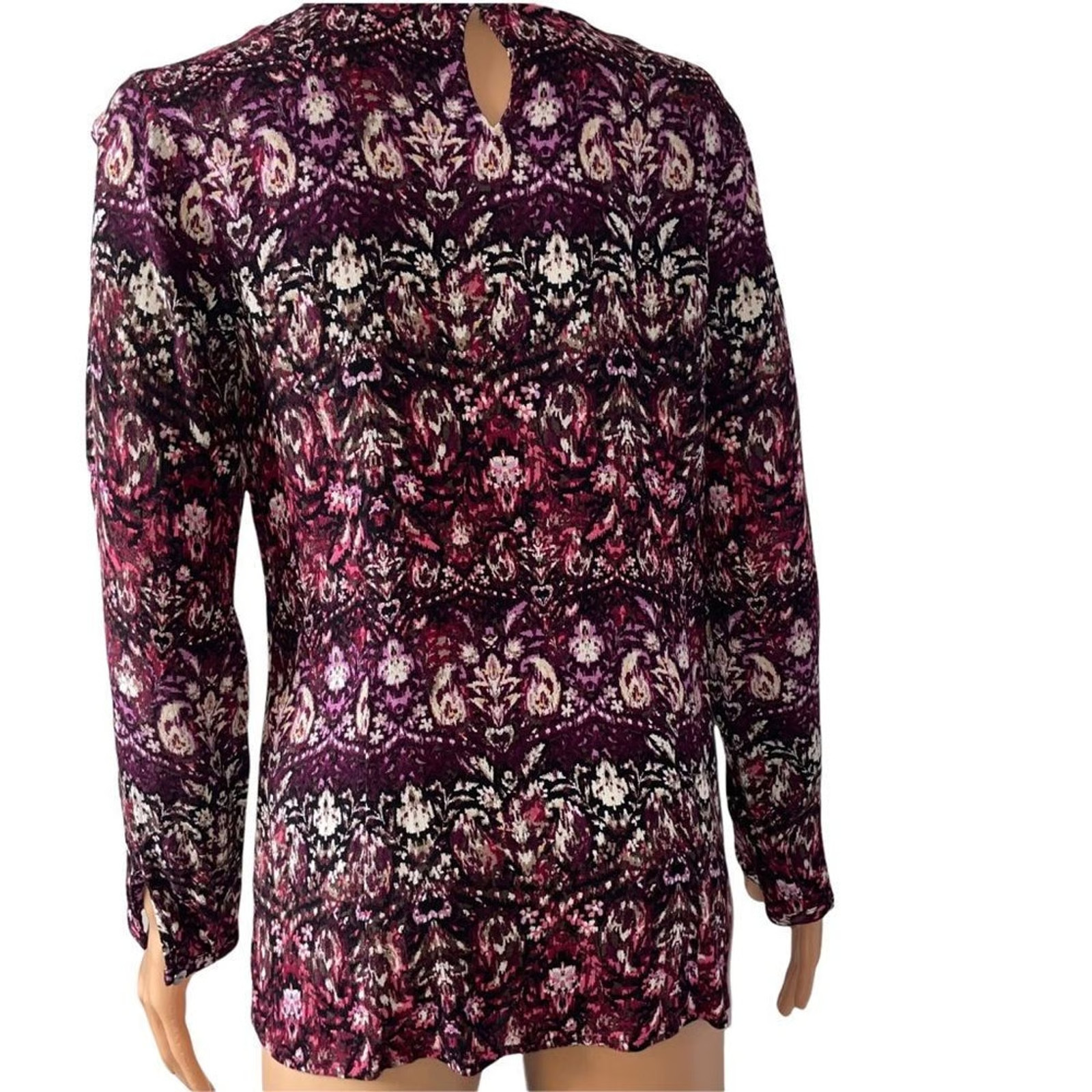 J. Jill top blouse floral/paisley ruched waist maroon long sleeve shirt SZ Sm
