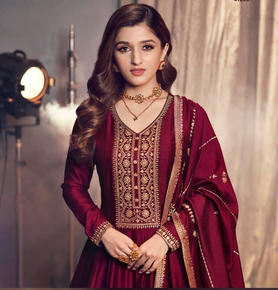 Maroon Heavy Silk Anarakali Semi Stitched Gown For Weddings By Aarshi Fashions