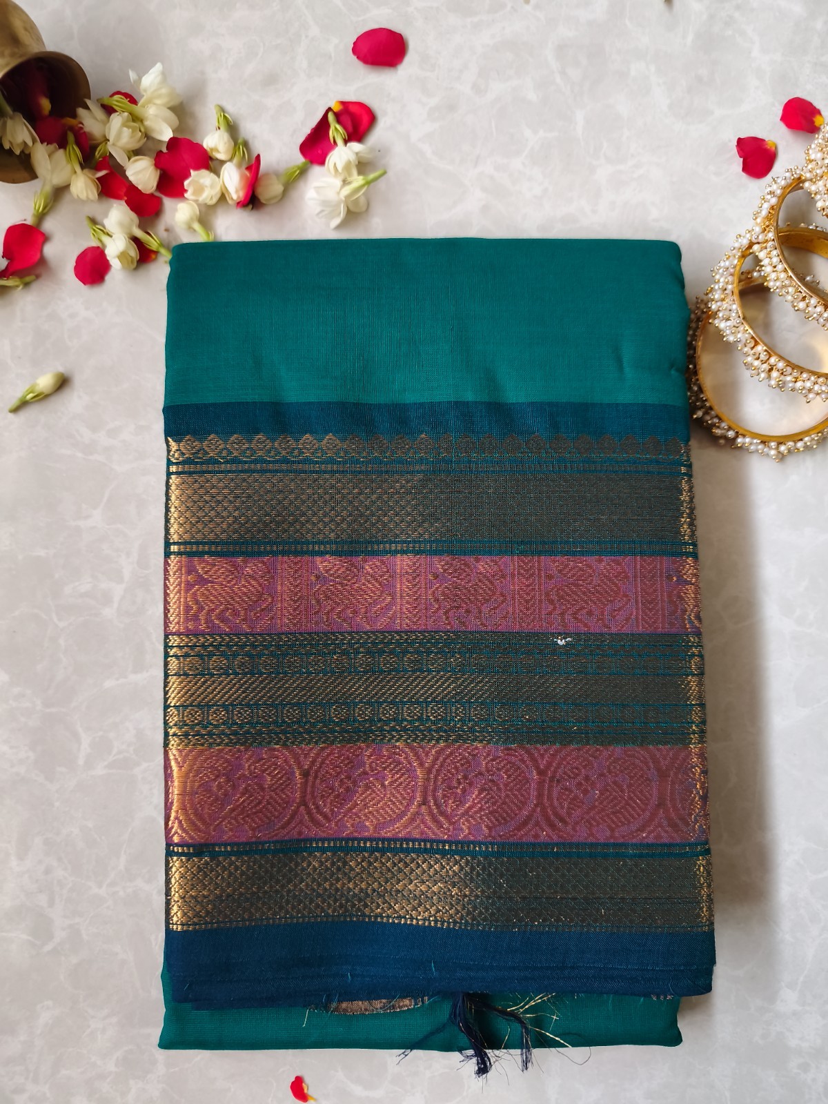 Handloom Kanchipuram Cotton Saree Teal Blue Yazhi Peacock Border Indian Saree