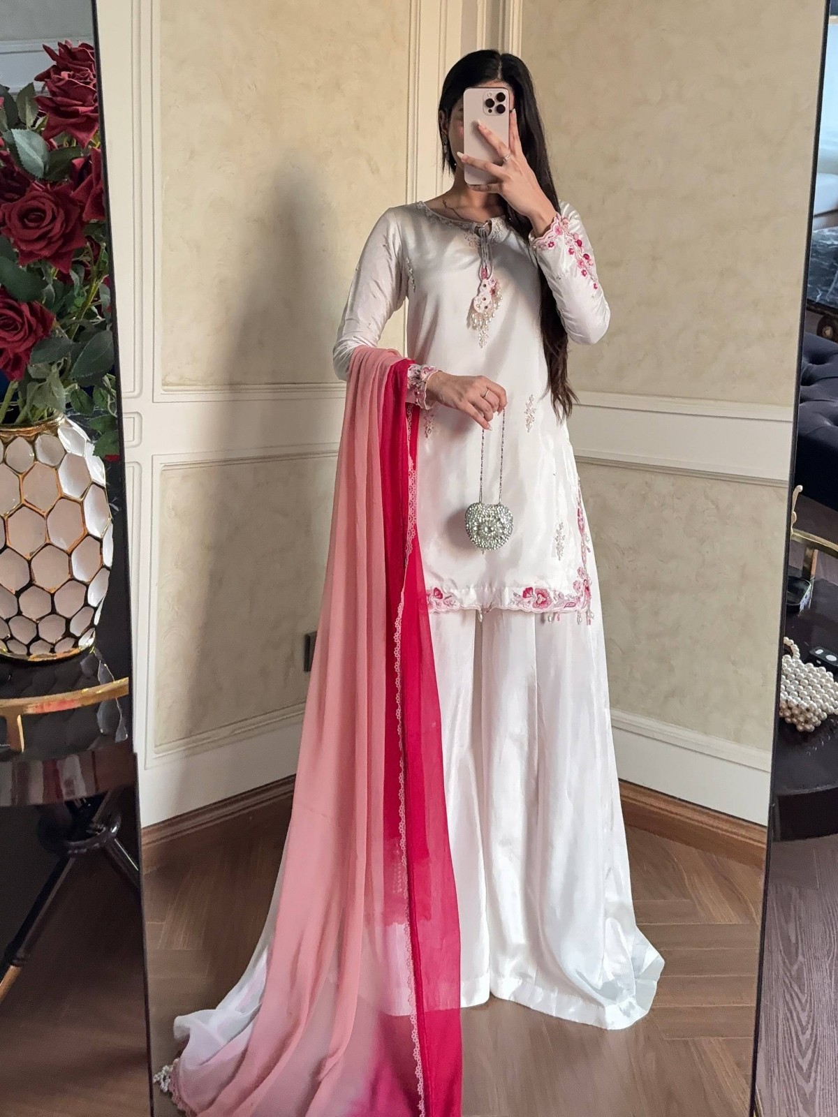 New Collection White Crepe Silk Kurta Palazzo With Dupatta For Party Wear