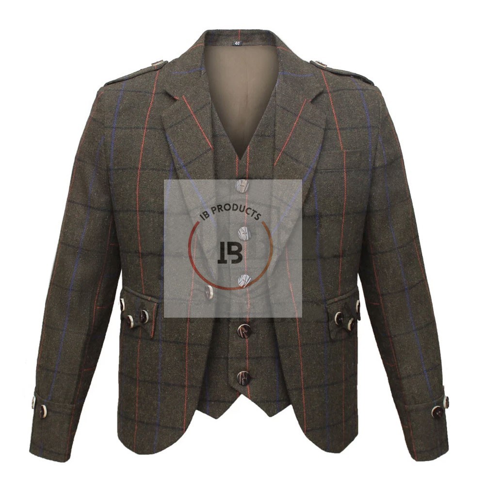 IB Pro Brown Checked Argyle Kilt Jacket Scottish Blazer Wool Traditional Jackets