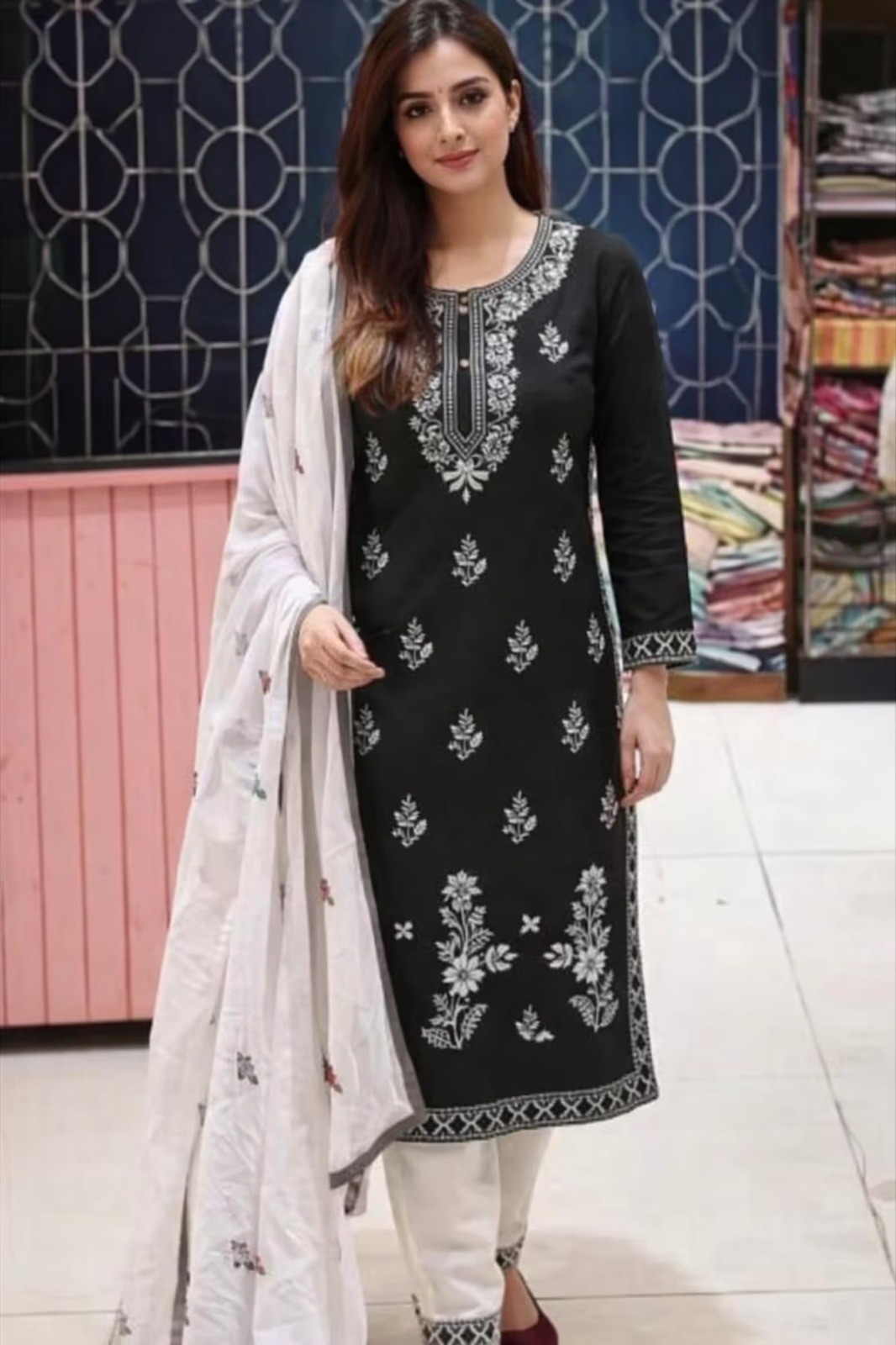 3 Pcs Pure Cotton Black Floral Chikankari Kurta Pant With Dupatta Set Plus Size