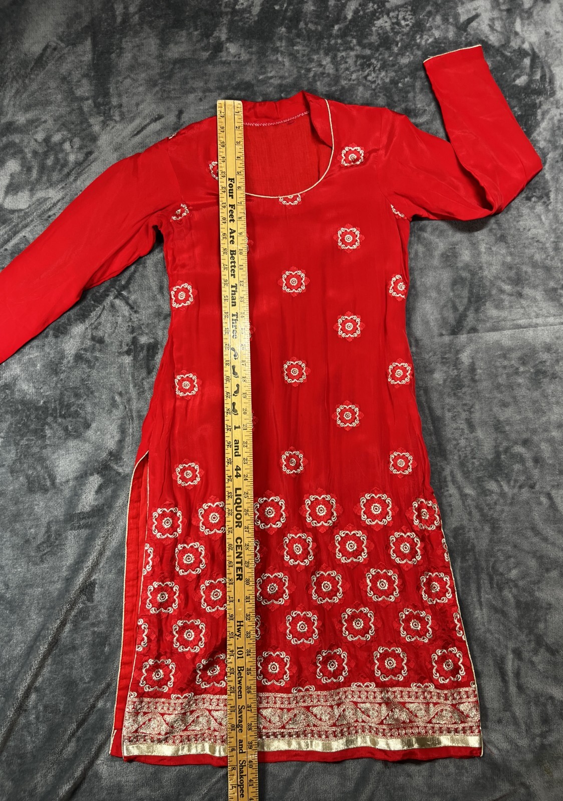 Hand Tailored Red Silk Embroidery Kurta/Dress Round Neck MEASUREMENTS IN LISTING