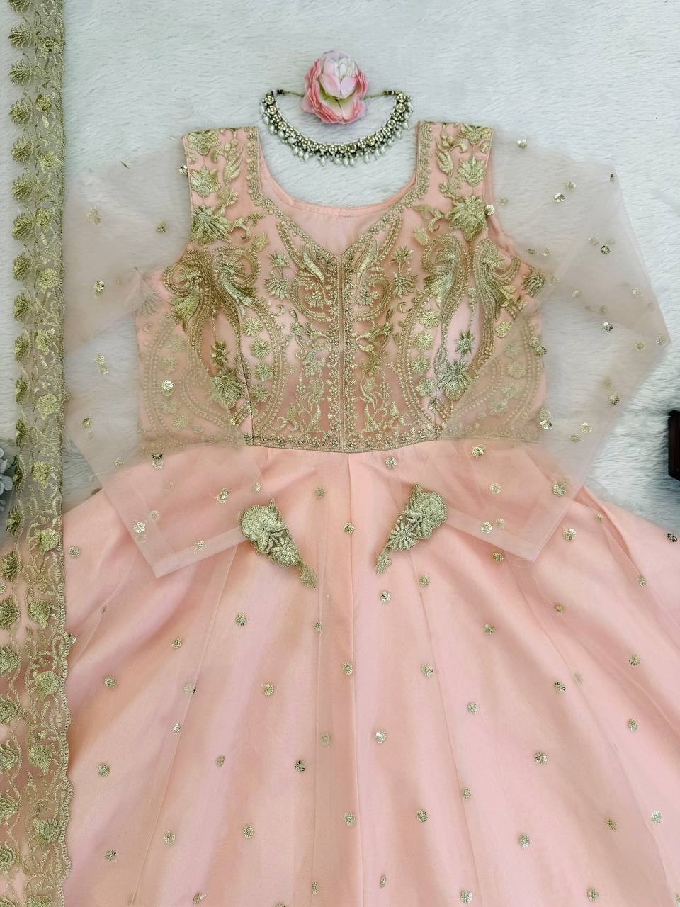 Stunning Faux Georgette Peach Top Lehenga With Dupatta For Wedding & Party Wear