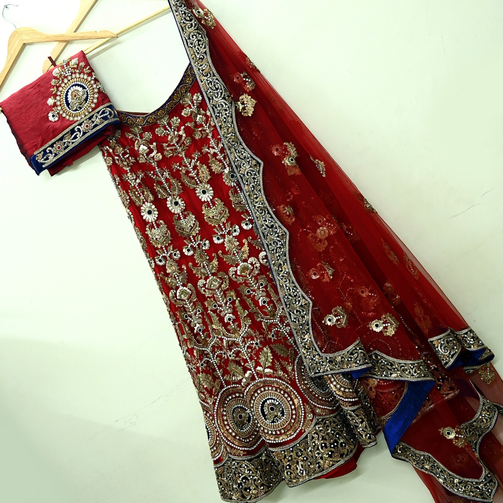 Indian Heavy Red Net Hand Embroidered Designer Anamika Khanna Lehenga 3pcs Set
