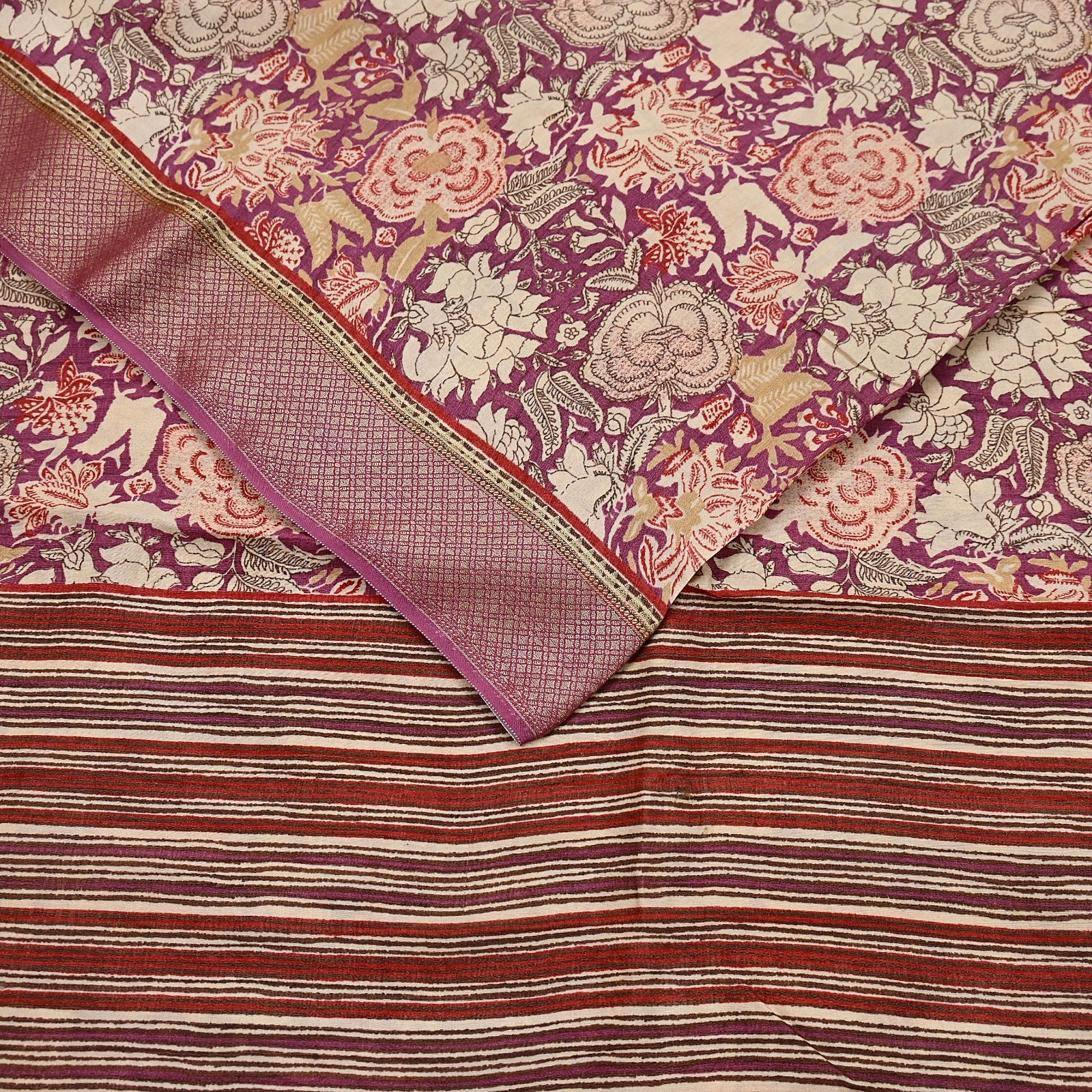 Vintage Purple beige Pure Khadi Silk Saree 5Yd Handloom Indian Sari Soft Fabric