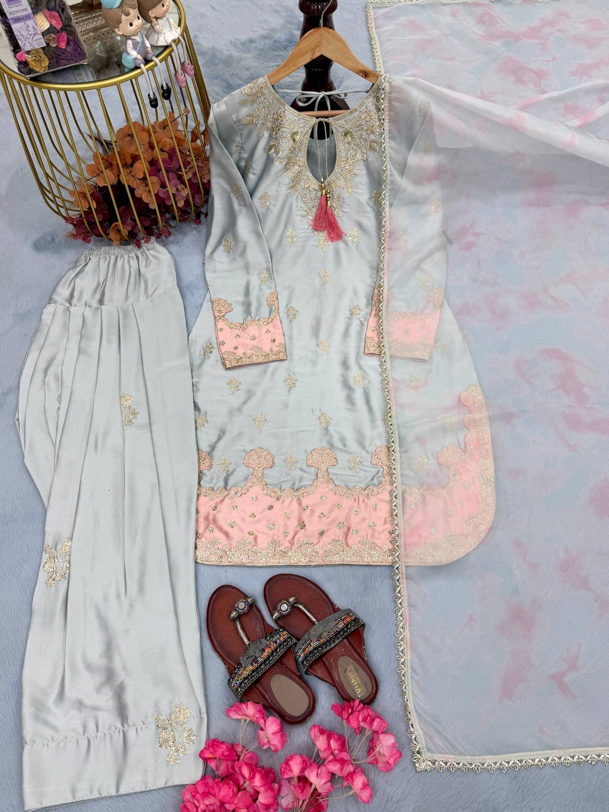 New Launching Japan Satin Silk Sky Blue Top Bottom With Dupatta For Women Wear