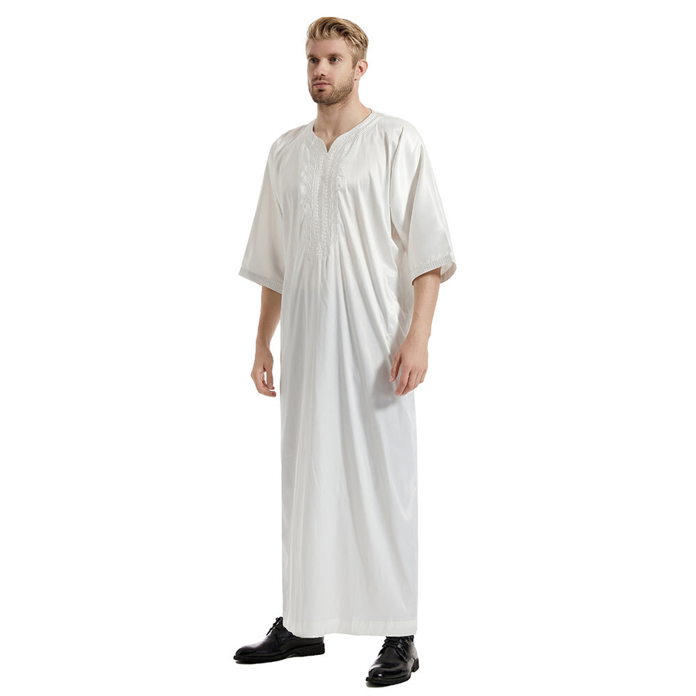 Muslim Islamic Men Thobe Satin Embroidery Kaftan Maxi Dress Saudi Jilbab Abaya