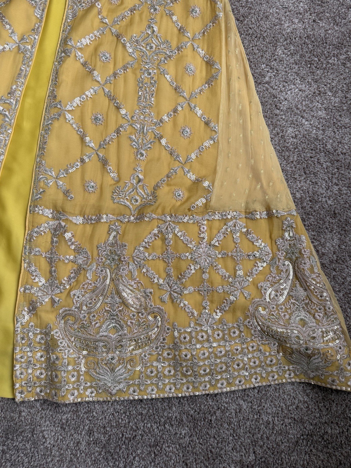 Yellow Open-Front Embroidered Chiffon Dress with Dupatta | Mehndi/Maiyon Outfit