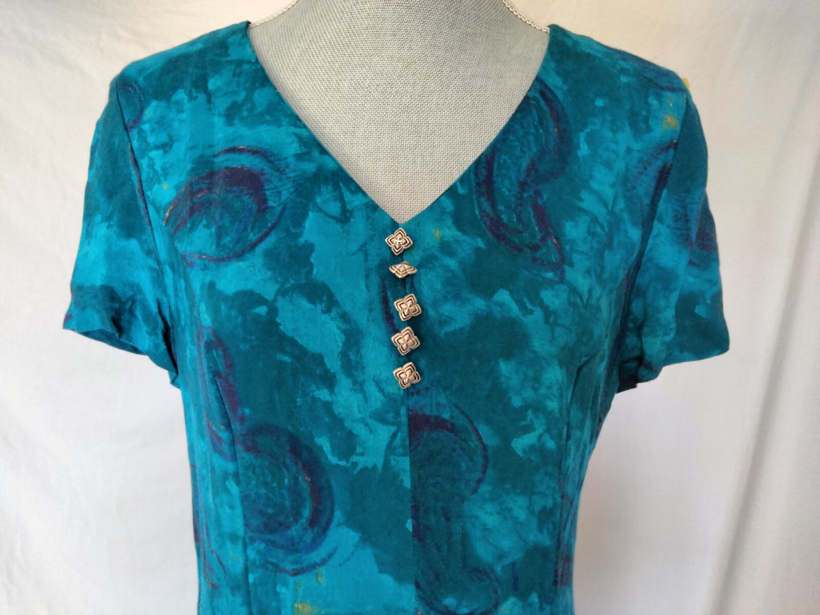 Vintage Positive Attitude fitted Comfy V neck short sleeves Black/Teal dress 8