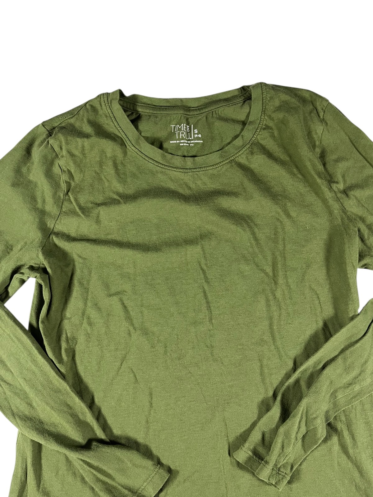 Time and Tru Women’s Green Long Sleeve Crew Neck T-Shirt Size S 100% Cotton