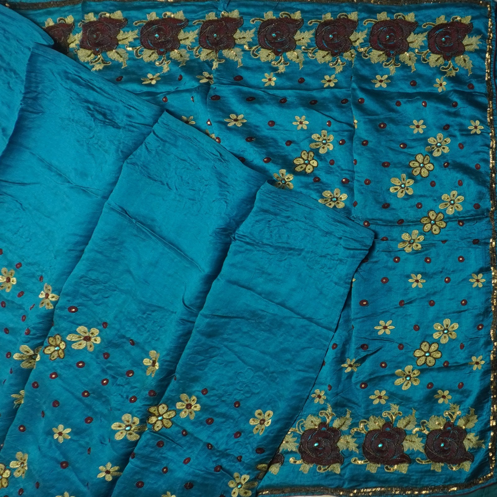 Vintage Blue Sarees 100% Pure Silk Hand Embroidered Sari 5YD Decor Craft Fabric