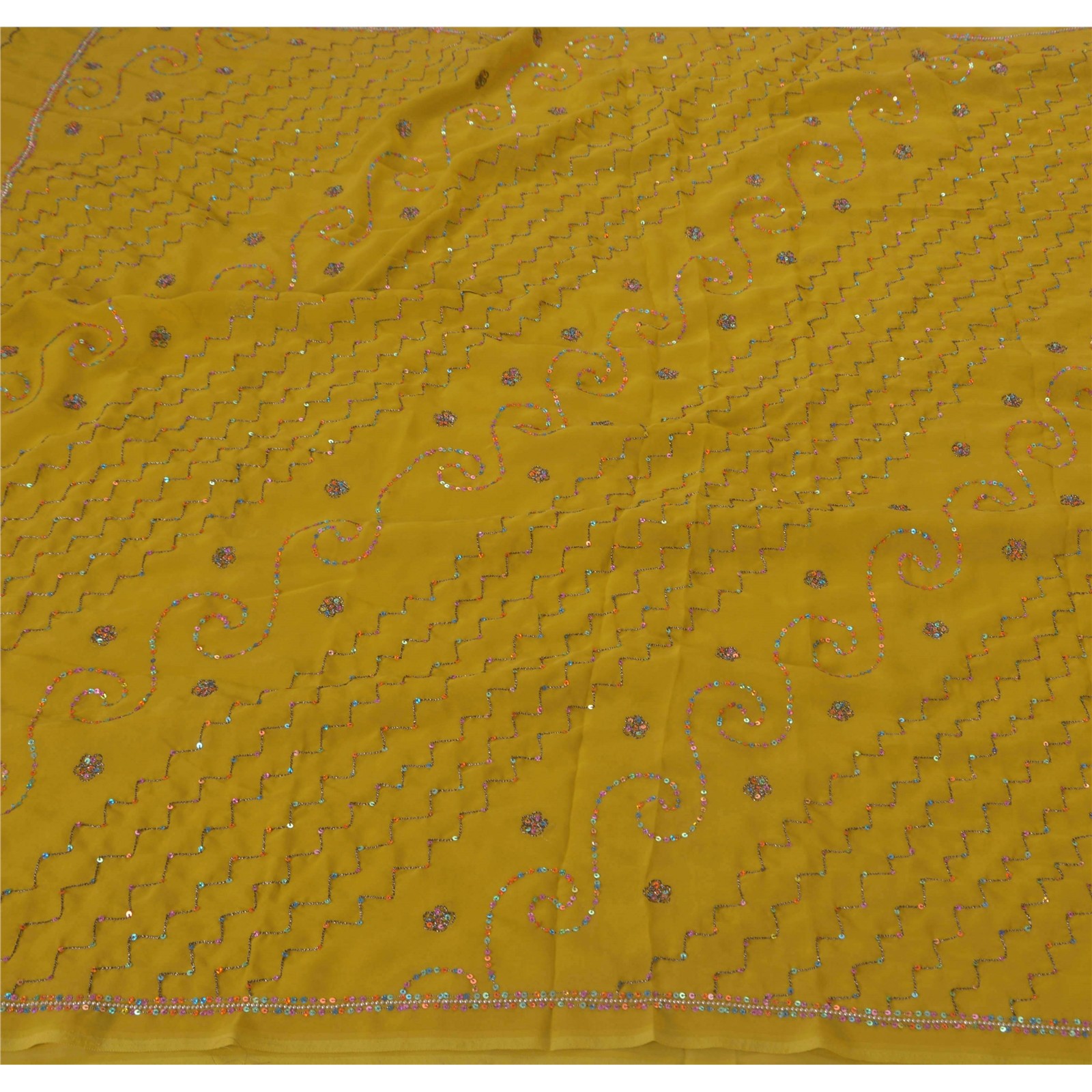 Sanskriti Vintage Green Sarees Blend Georgette Hand Beaded Fabric Craft Sari