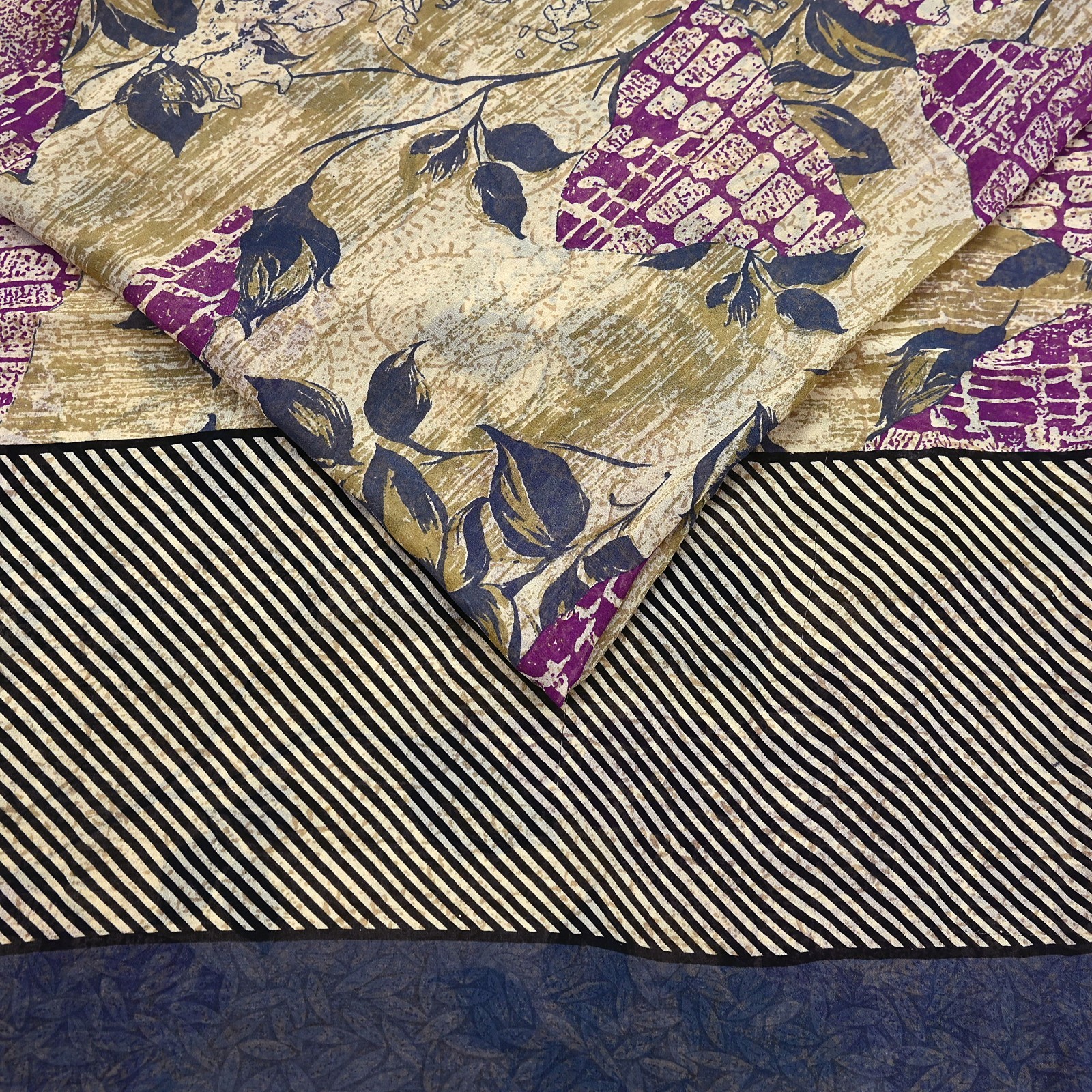 Women Vintage Sari Beige & Purple Pure Georgette Silk Printed Saree Craft Fabric