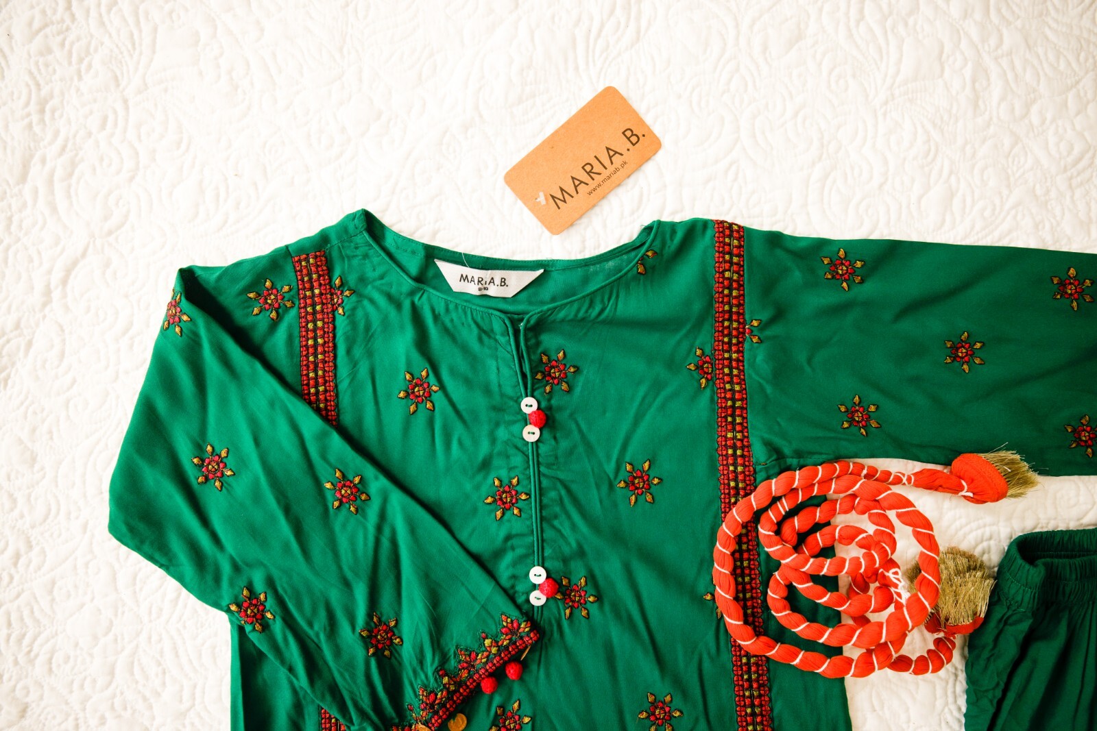 Maria B. Girls Pakistani 3 Piece Kameez Trouser Outfit, 2-4 Years, Green/Orange