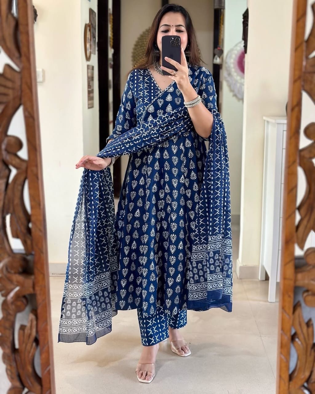 Indian Pakistani Bollywood Blue Printed Anarkali Kurta Pant Dupatta Set