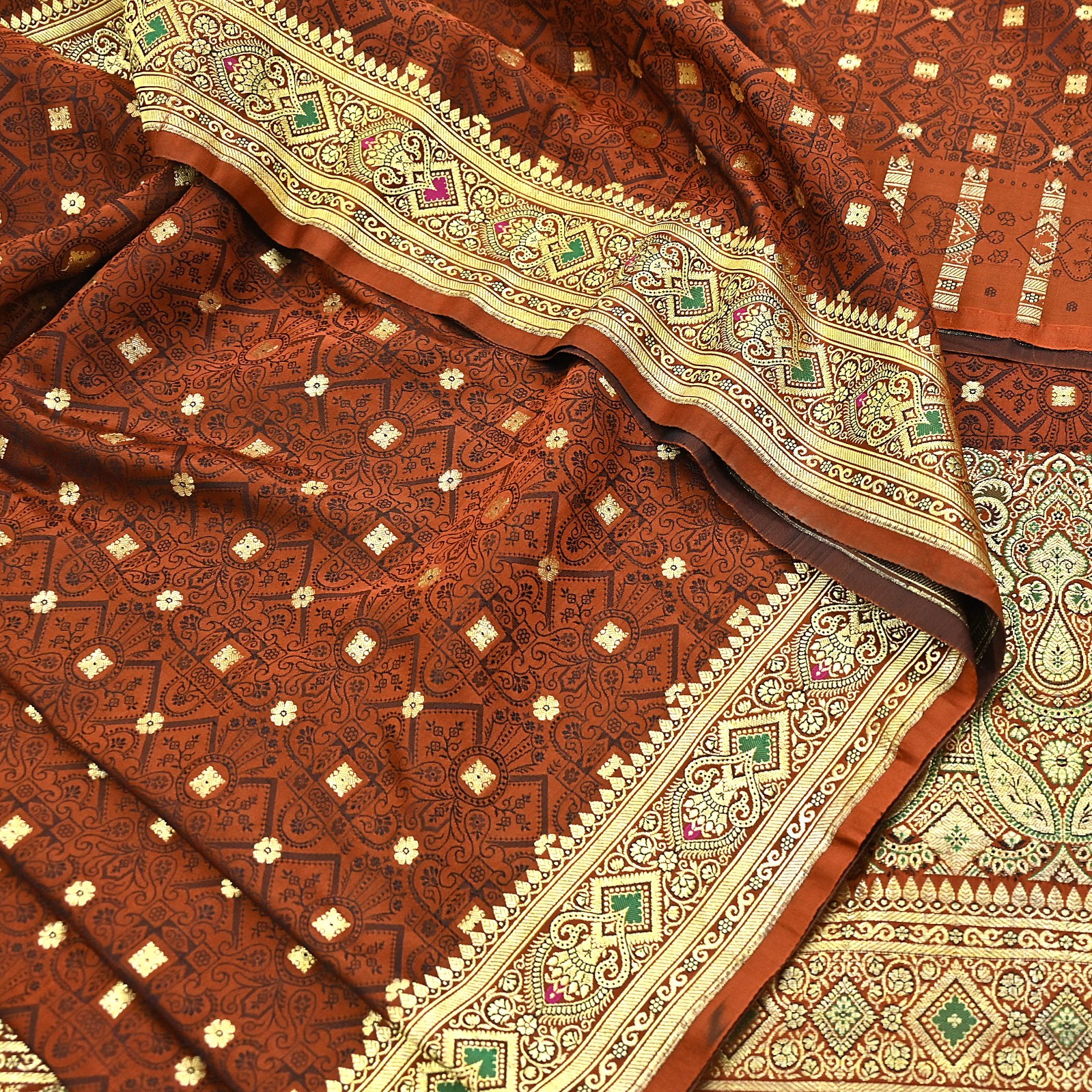 Vintage Rusty Orange Banarasi Silk Saree Pure Satin Silk Handwoven Tanchoi 5yd