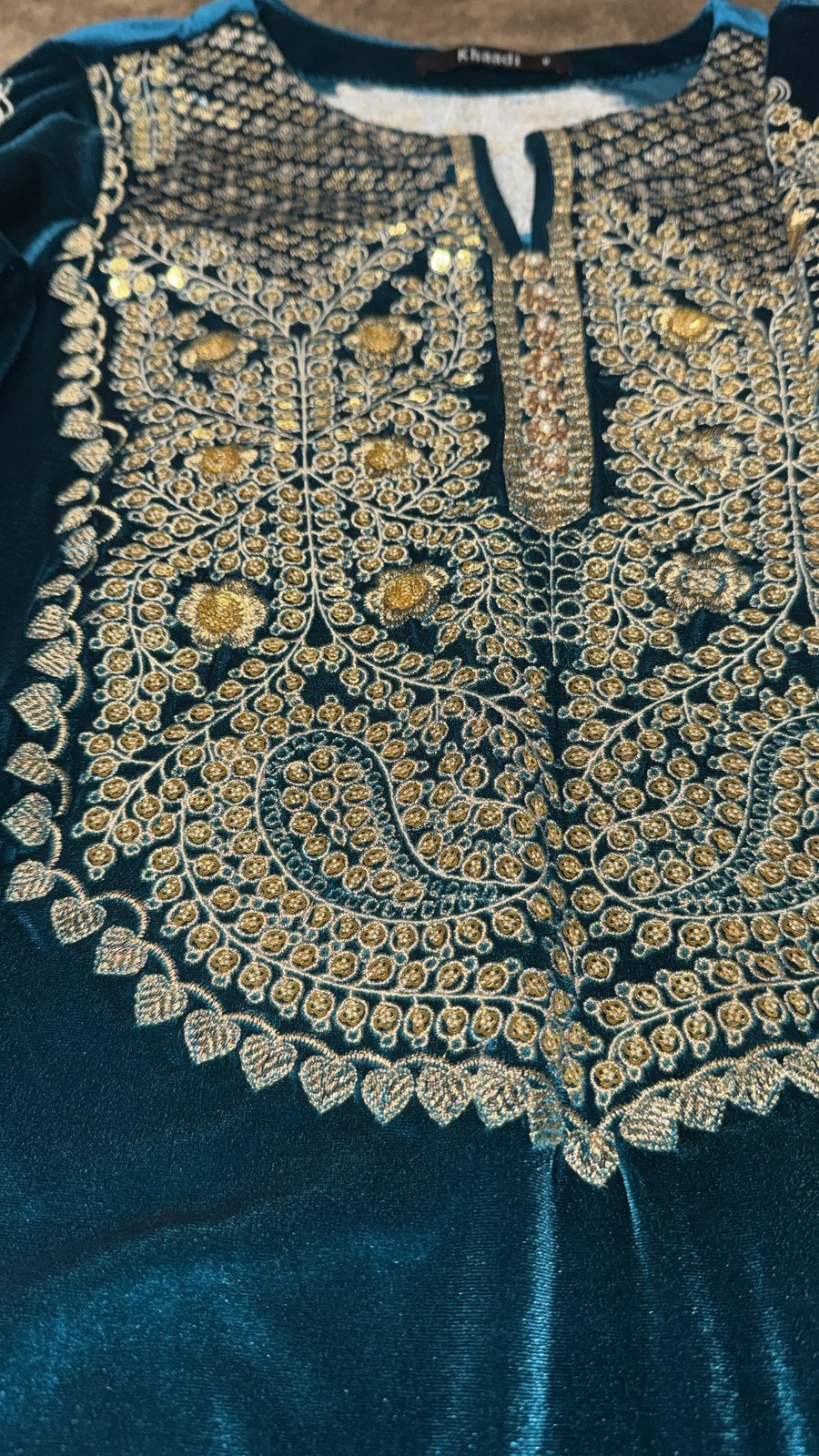 Khaadi Velvet Kurta in Teal Green with Golden Embroidery and Embellishments