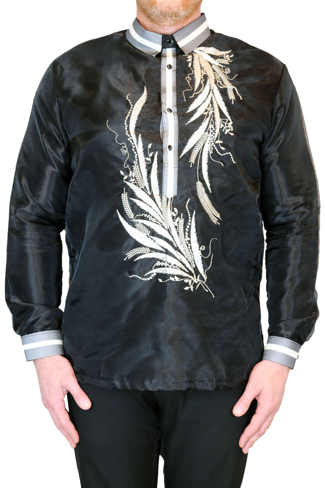 Black Feather Embroidered Long Sleeve Organza Barong Tagalog ORDER US SIZE