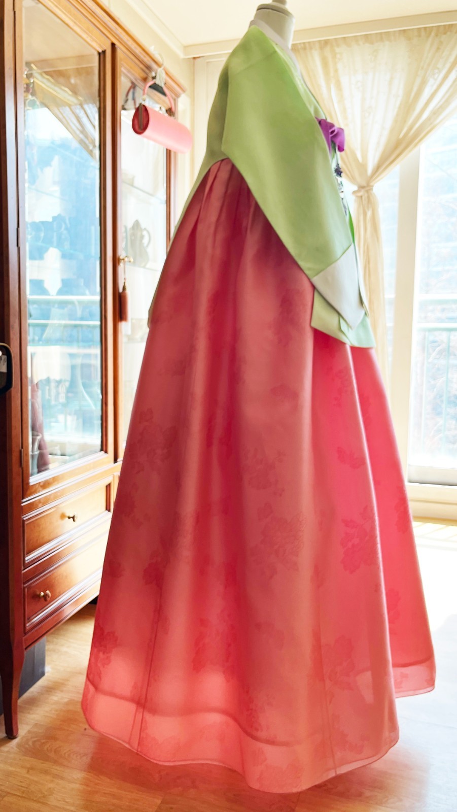 Korean Traditional Dress Dangui Hanbok Set-Green & Peach/Petticoat 2 Norigae Bag