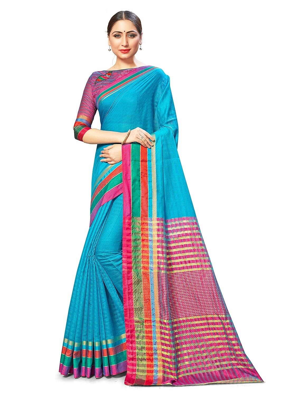 Womens Cotton Silk Blend Kota Doria Self Design Golden Zari Stripped Saree