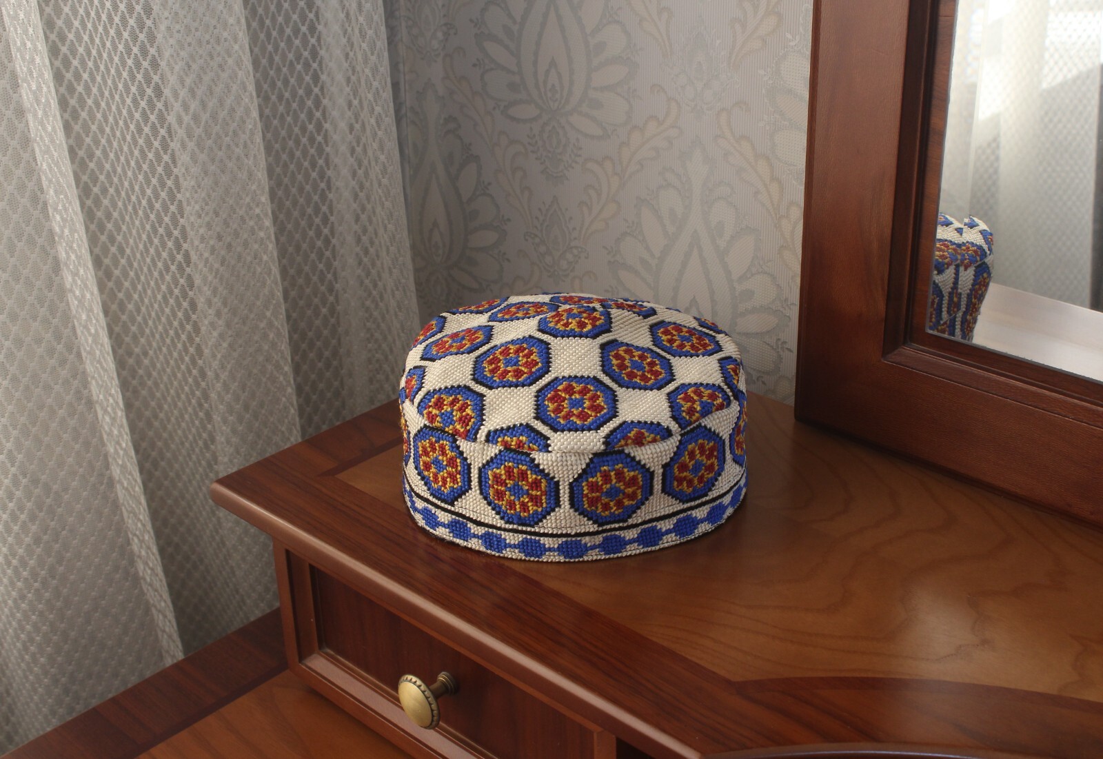 Hand embroidered skull-cap hat/23.6″/60cm/Boho ethnic cap/Uzbek muslim kufi hat