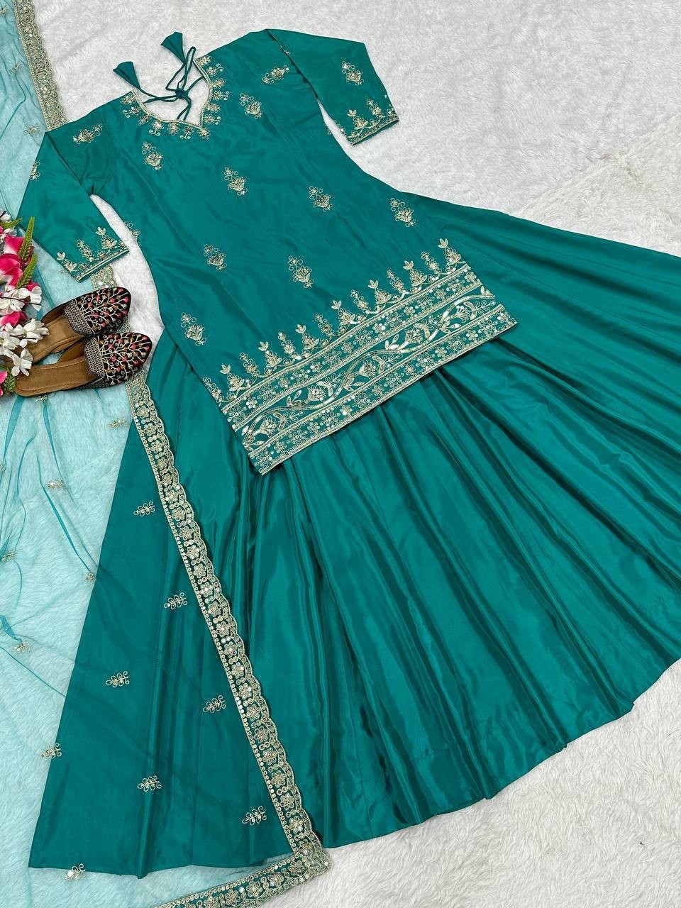 Presenting Teal Green Natural Crep Top Lehenga With Dupatta For Festival Wear