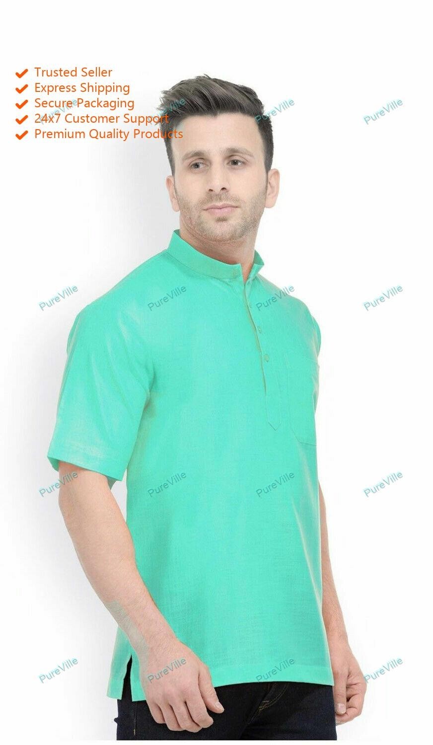 Mens Kurta Indian Button Down Shirt Kurta Solid Tunic Cotton Big Tall half Sleev