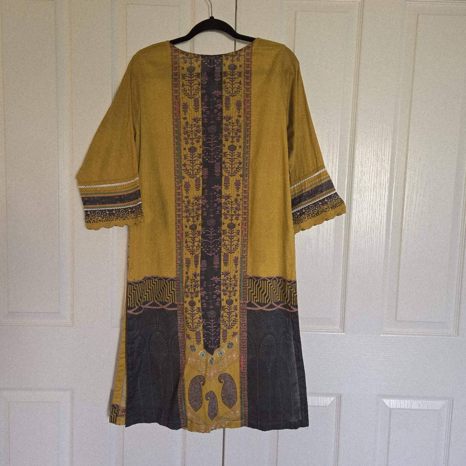 Printed Long Top Yellow Kameez 100% Cotton Causal Wear Dress Size L