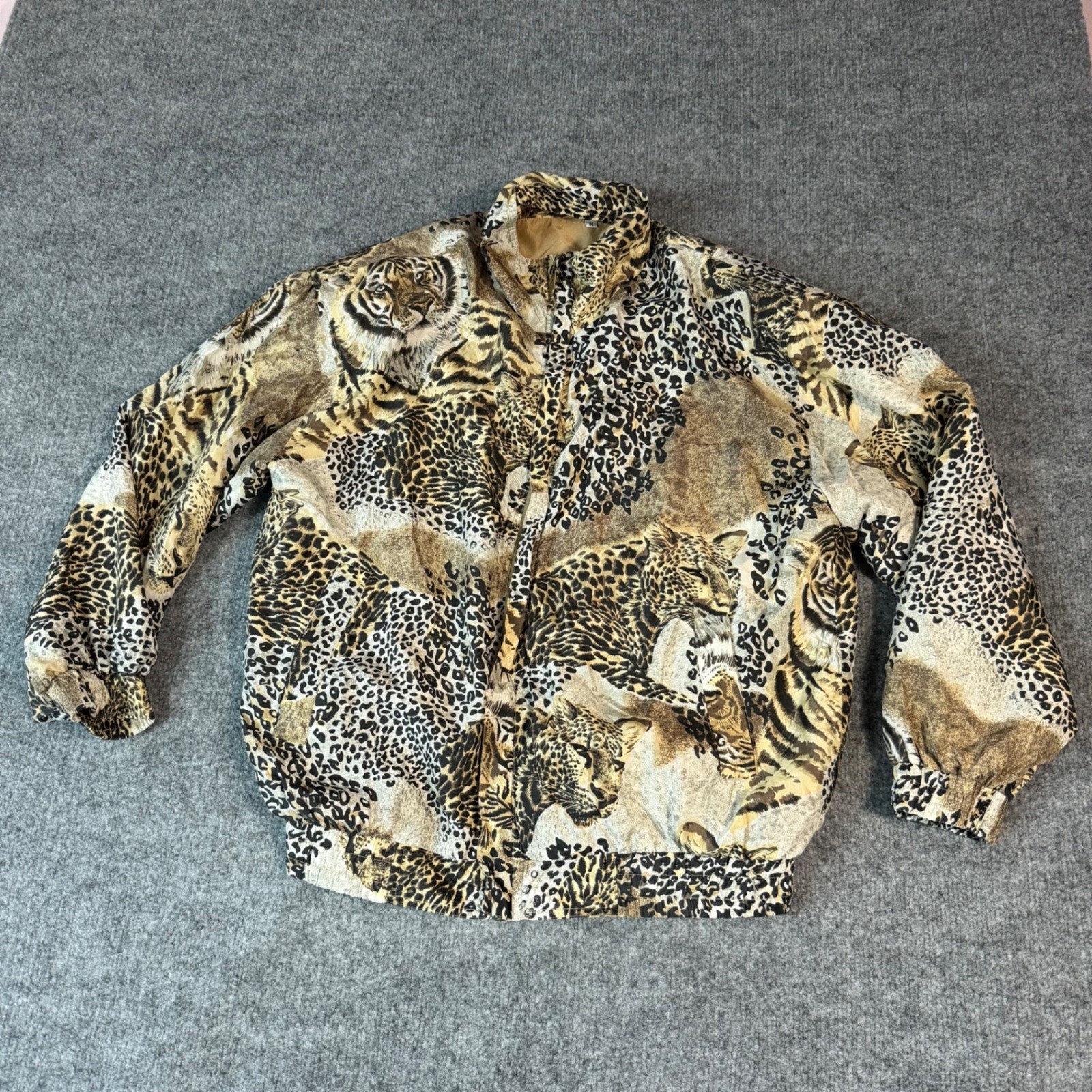 VTG Fuda International Bomber Jacket Unisex Medium Tan Silk Animal Print EUC