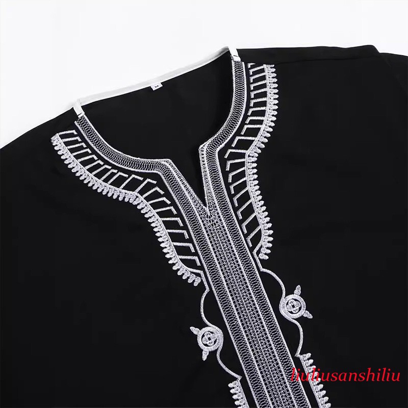 Muslim Men’s Black Robe Short Sleeves Embroidered Arabic Ethnic Style Clothes 1x